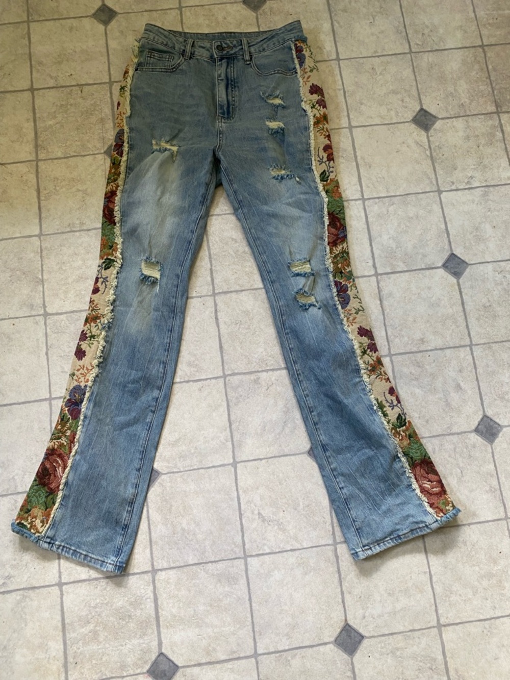 Light Blue Distressed Women’s Jeans with Floral Side Panels
